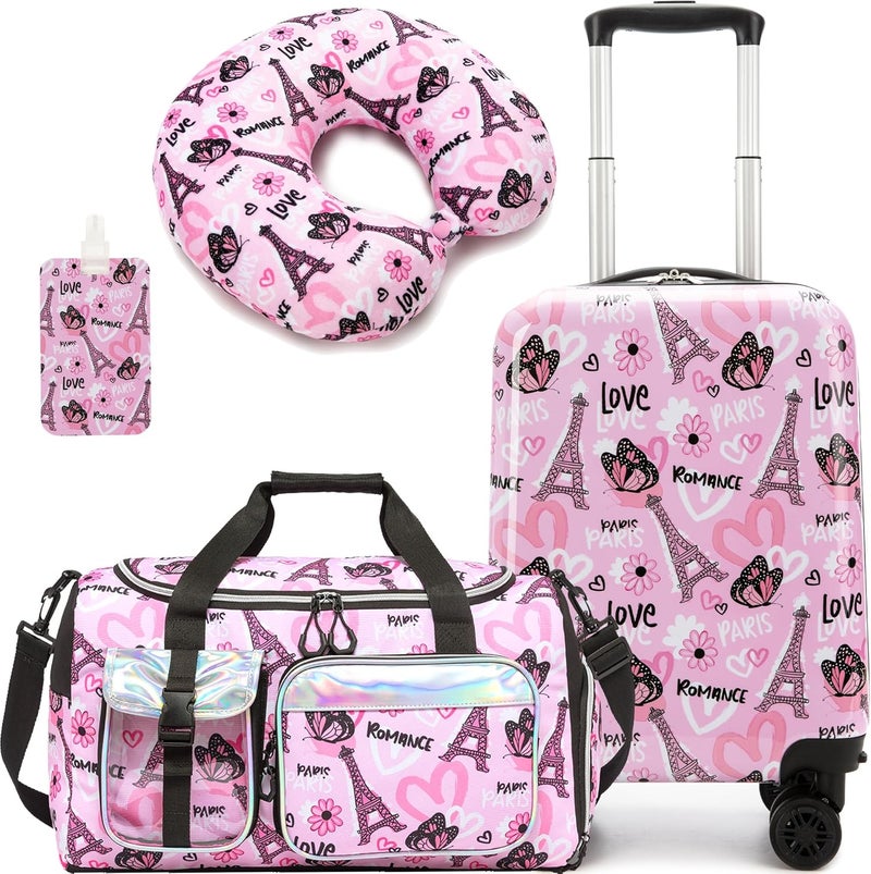 Esteemly Kid's Luggage Set 3 Piece Suitcase Set 16" Hardside Luggage with Spinner Wheels Girls Carry on Toddler Travel Rolling Suitcase with Duffle Bag Neck Pillow Airline Approved - Image 1
